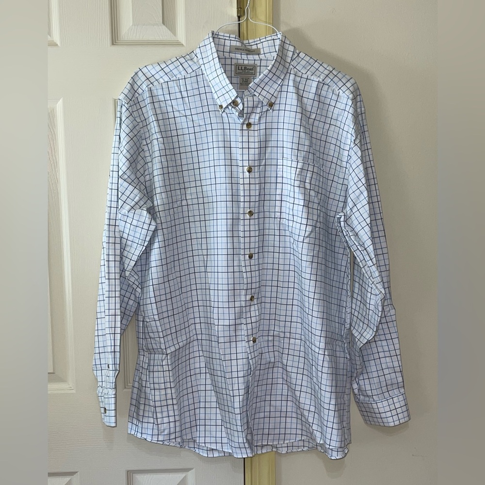 L.L. Bean White and Blue Plaid Button Down Shirt